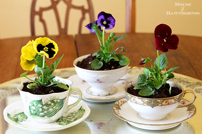 Bright Pansies pop against the subdued cream coloured crockery Image source: http://www.houseofhawthornes.com/spring-table-decor/